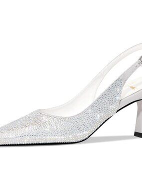 Women's White Kitten Heel Slingback Low Heel Dress Shoes Rhinestone Pointed Toe